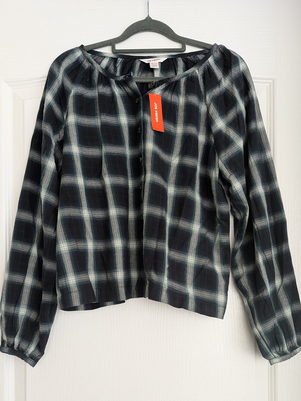 Joe Fresh Navy, Green & White Plaid Button-Front Blouse